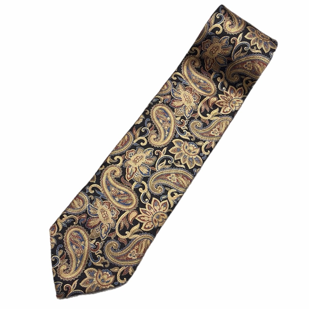 Zylos George Machado Mens Silk Tie Gold Tan Blue Paisley Floral jacquard